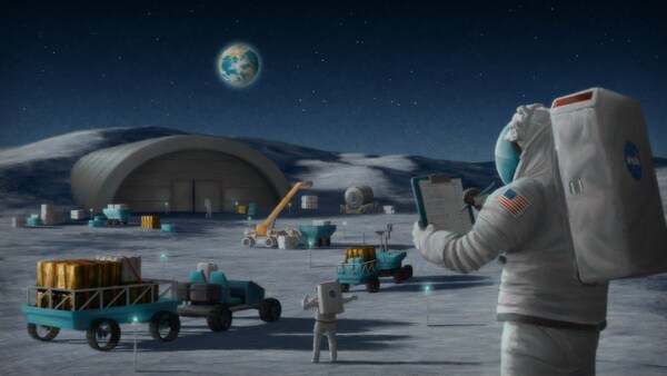 Image Courtesy: Public Domain ; Artist’s rendering of astronauts managing logistics on the lunar surface. Credit: NASA